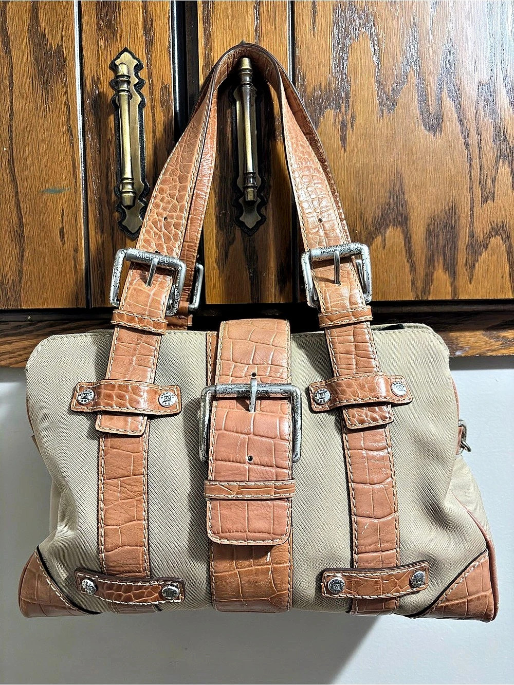 Michael Kors Brown & Beige Canvas Croc Embossed Shoulder Tote Purse Silver